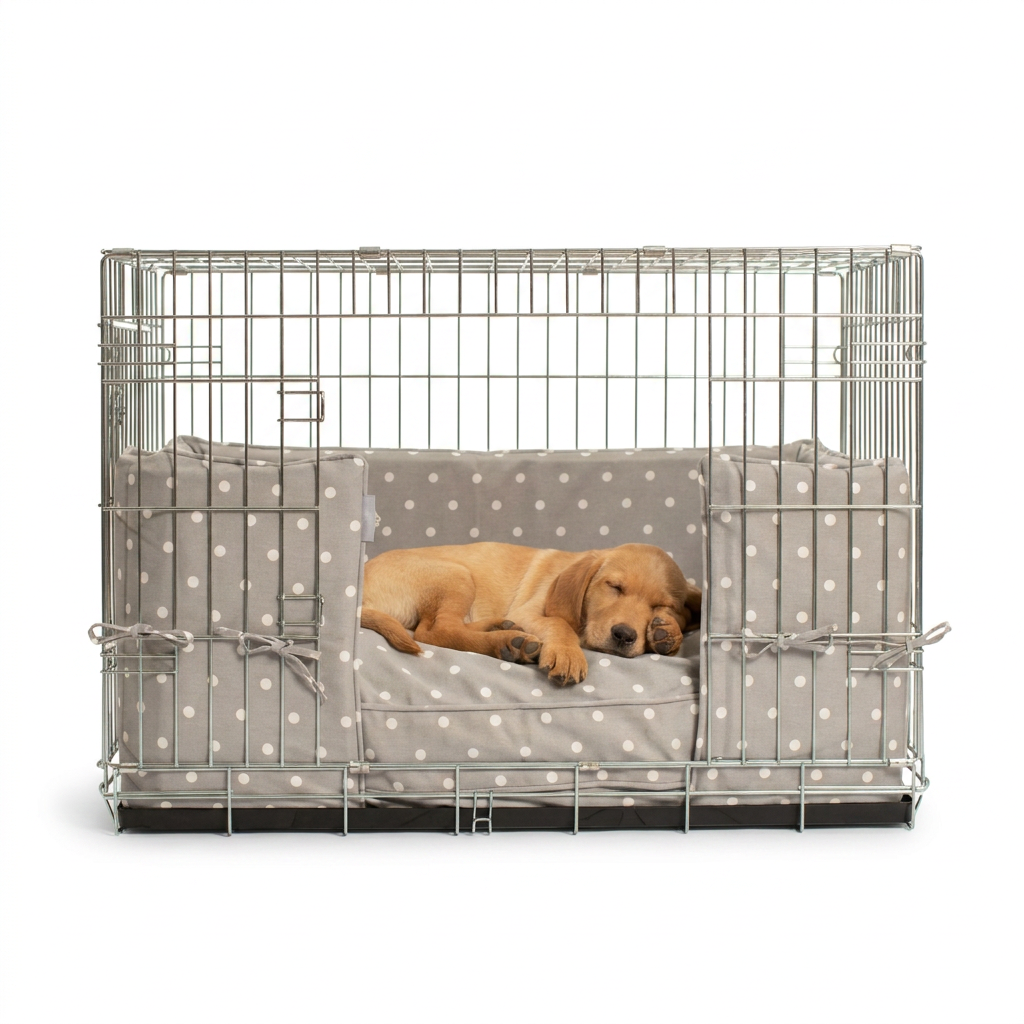 Dog Crate Bumper in Grey Spot with dog