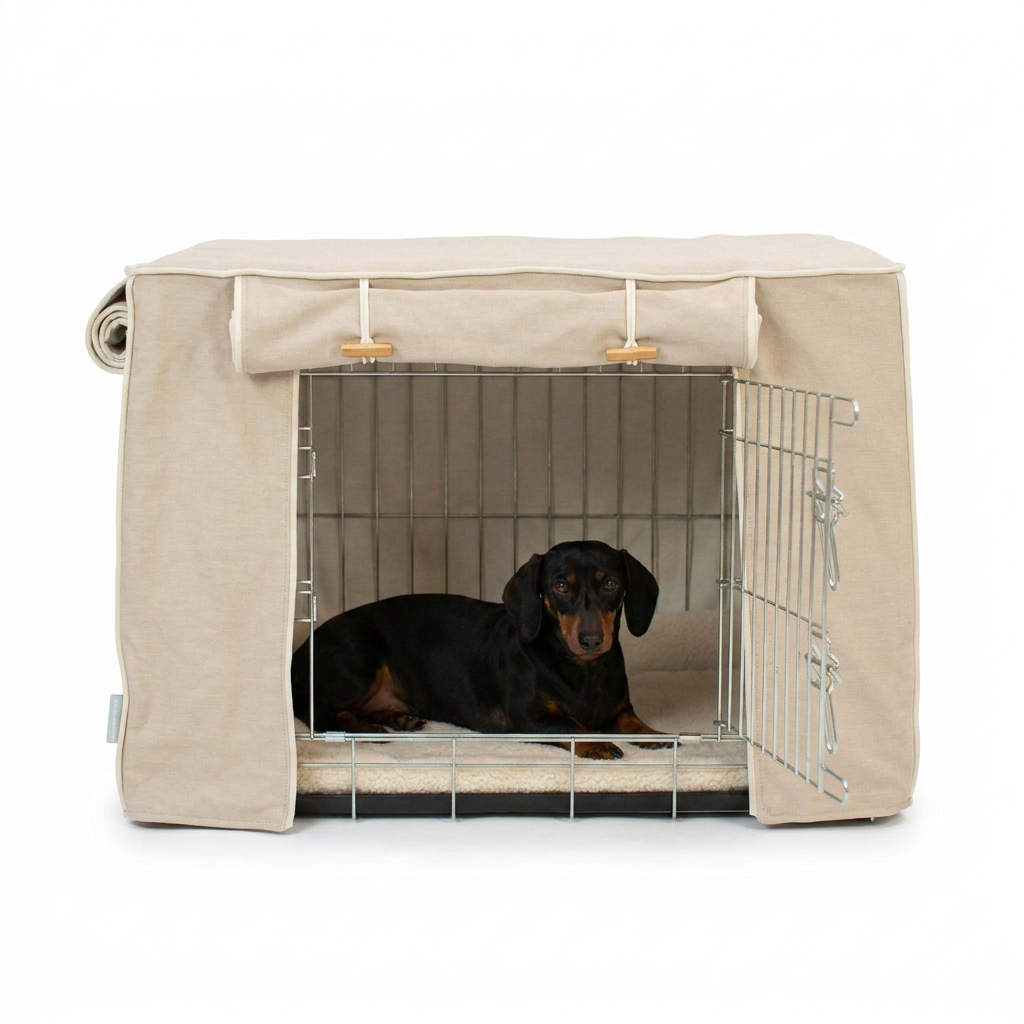 Dog Crate Cover In Savanna Oatmeal with dog