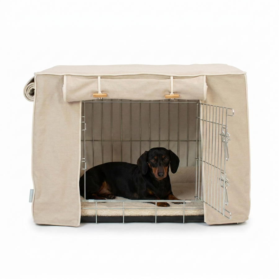 Dog Crate Cover In Savanna Oatmeal with dog