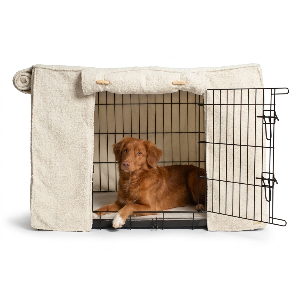 Dog Crate Cover in Ivory Bouclé with dog