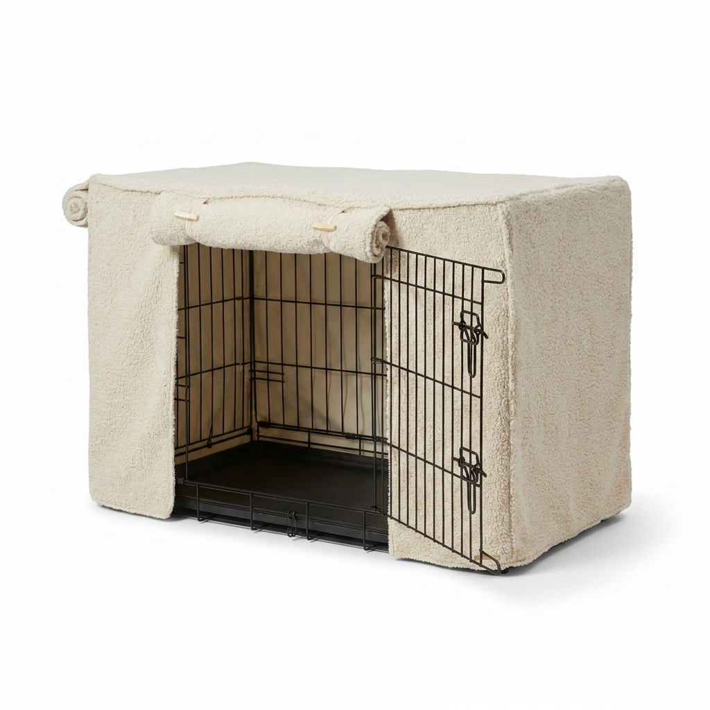 Dog Crate Cover in Ivory Bouclé angled view