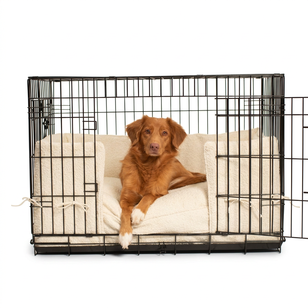 Dog Crate Bumper in Ivory Bouclé with dog