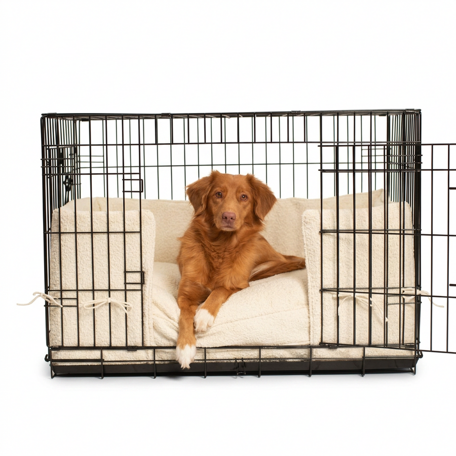 Dog Crate Bumper in Ivory Bouclé with dog
