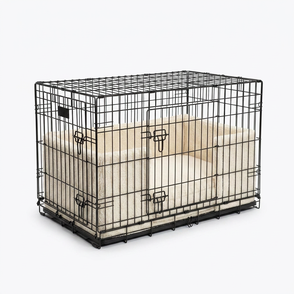 Dog Crate Bumper in Ivory Bouclé angled view