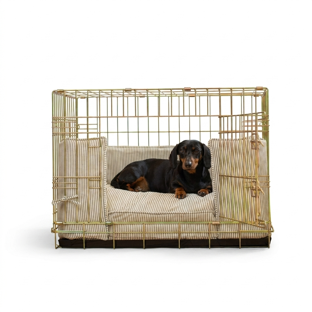 Dog Crate Bumper in Regency Stripe with dog