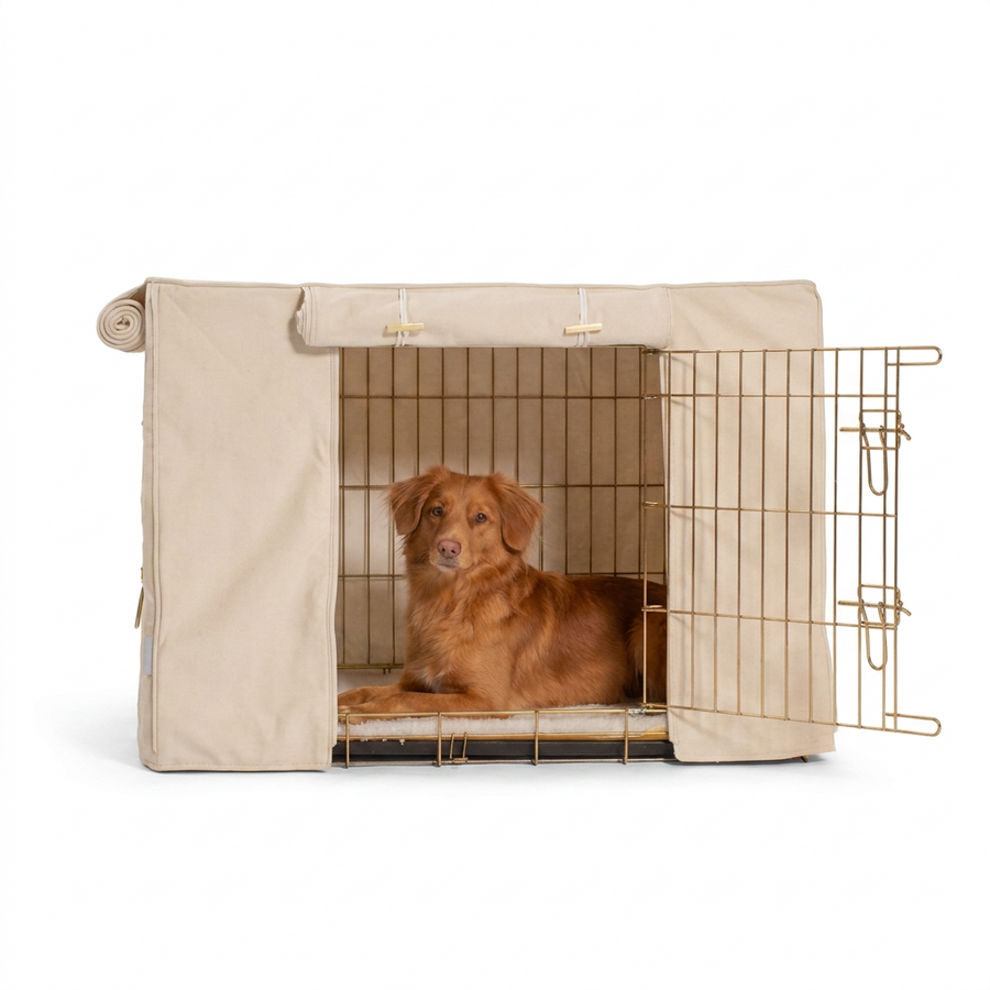 Dog Crate Cover In Savanna Bone with dog