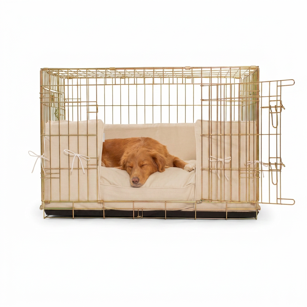Dog Crate Bumper in Savanna Bone with dog