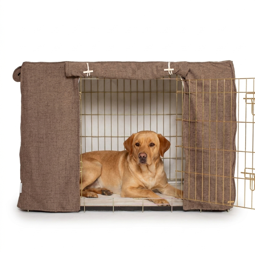 Dog Crate Cover In Inchmurrin Umber with dog