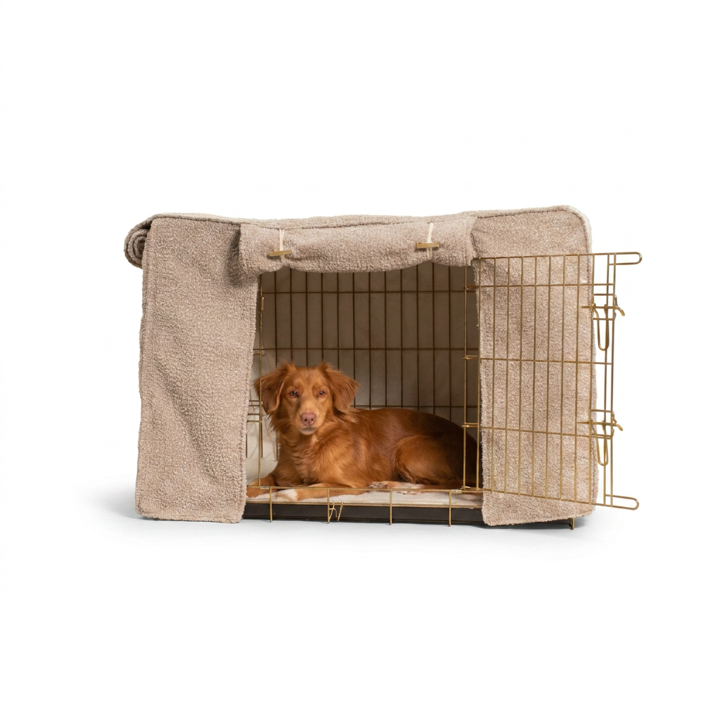 Dog Crate Cover in Mink Bouclé with dog