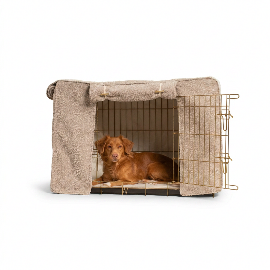 Dog Crate Cover in Mink Bouclé with dog