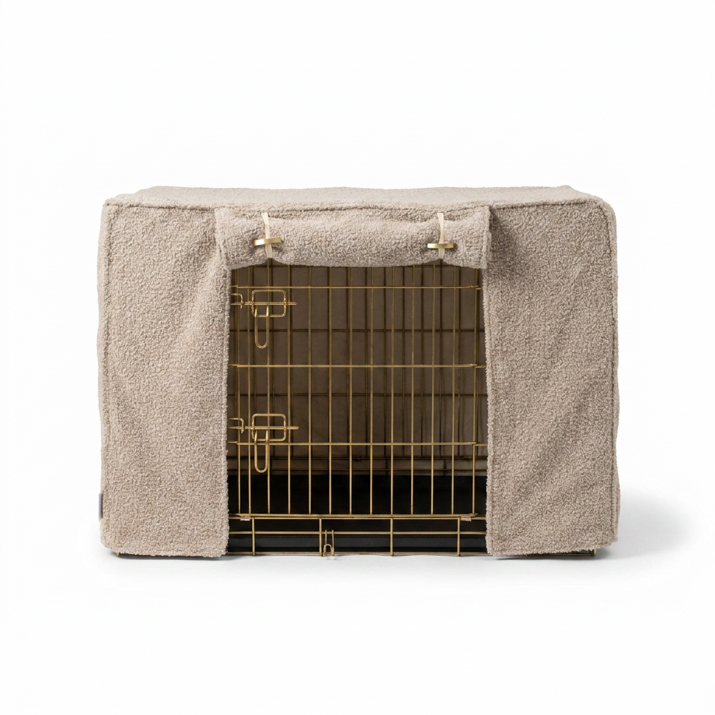 Dog Crate Cover in Mink Bouclé front view