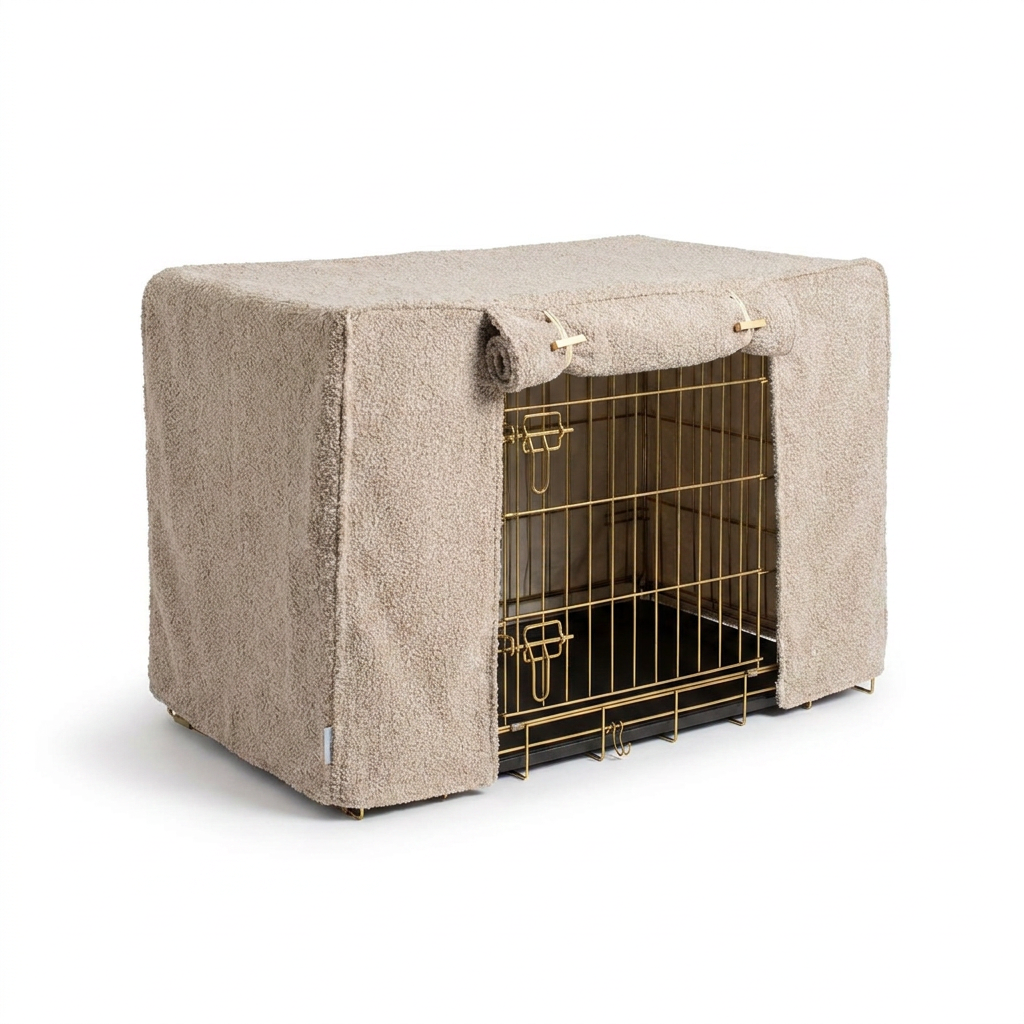 Dog Crate Cover in Mink Bouclé angled view