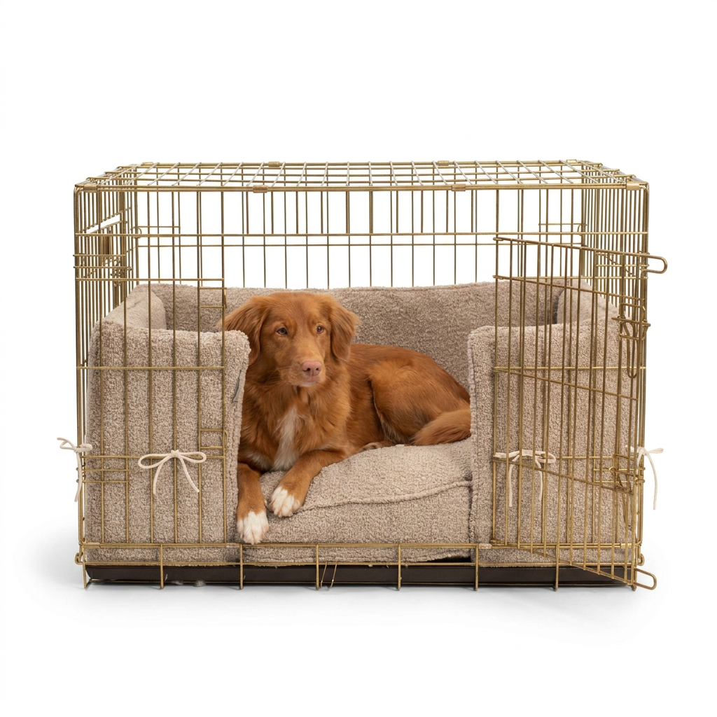 Dog Crate Bumper in Mink Bouclé with dog