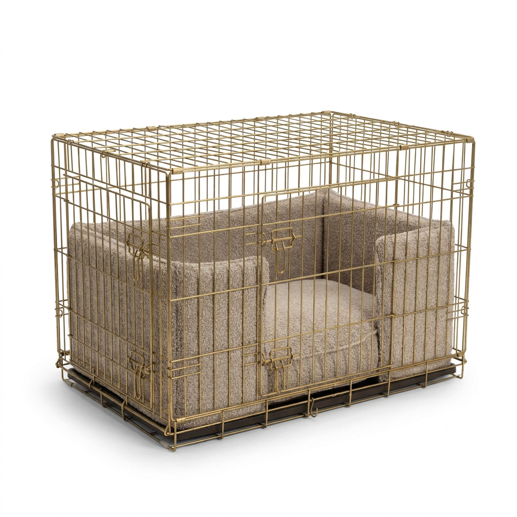 Dog Crate Bumper in Mink Bouclé angled view