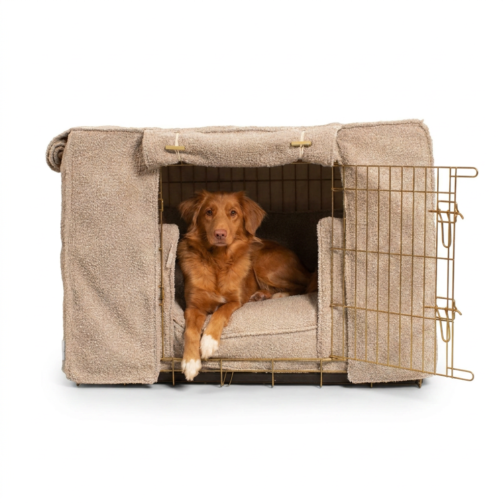 Dog Crate Set In Mink Bouclé with dog