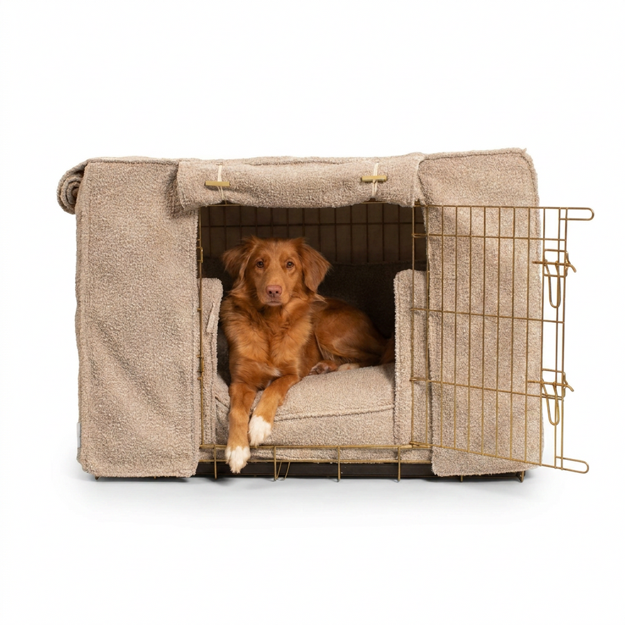 Dog Crate Set In Mink Bouclé with dog
