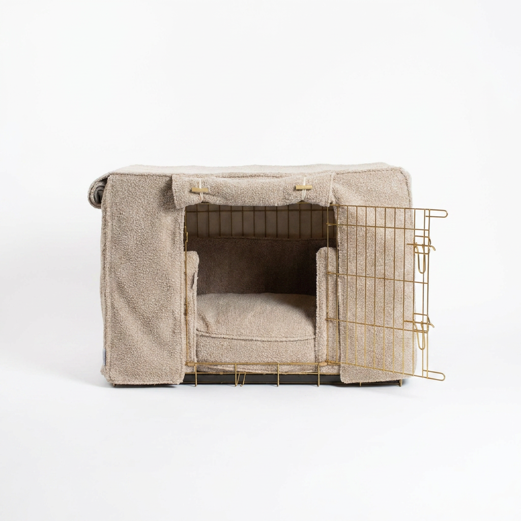 Dog Crate Set In Mink Bouclé angled view