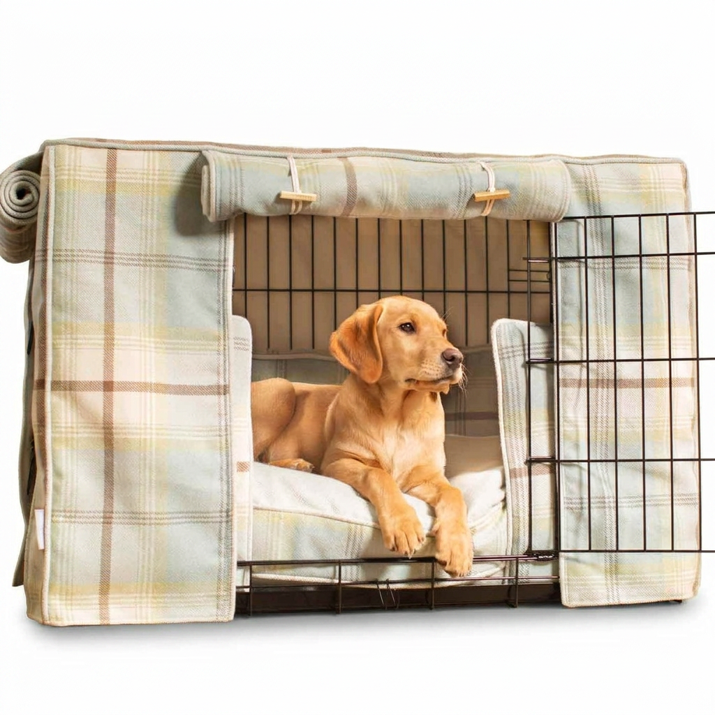 Dog Crate Set in Balmoral Duck Egg Tweed with dog