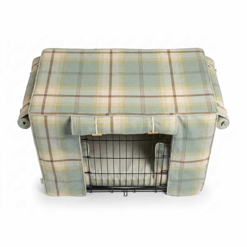 Dog Crate Set in Balmoral Duck Egg Tweed top-down view