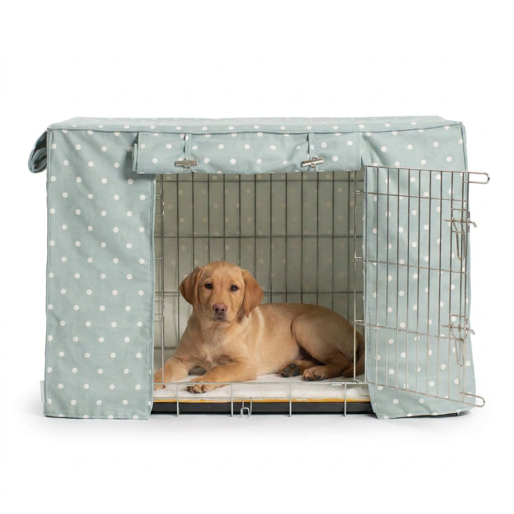Dog Crate Cover in Duck Egg Spot Cotton with dog