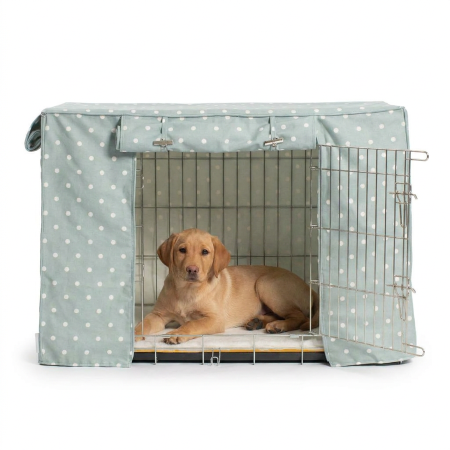 Dog Crate Cover in Duck Egg Spot Cotton with dog