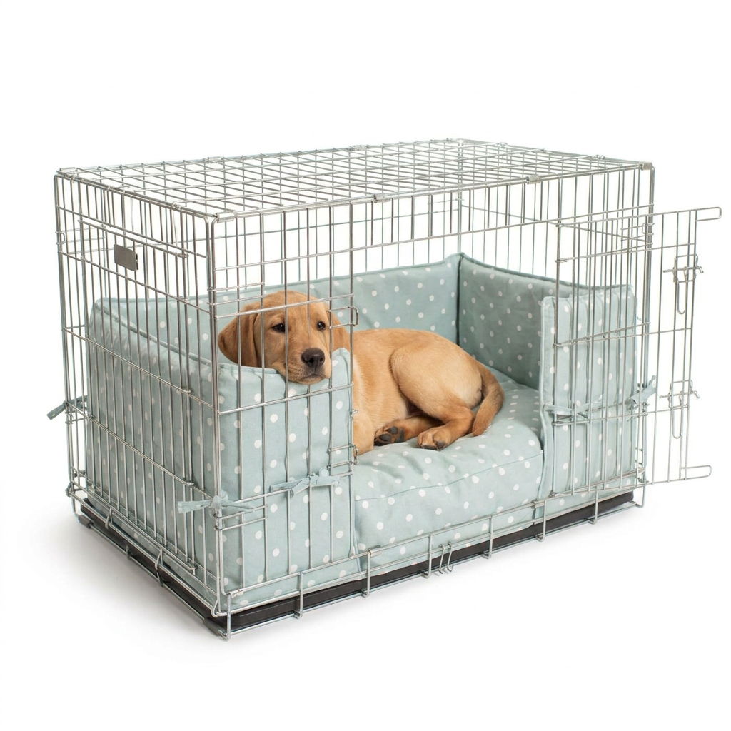 Dog Crate Bumper in Duck Egg Spot with dog