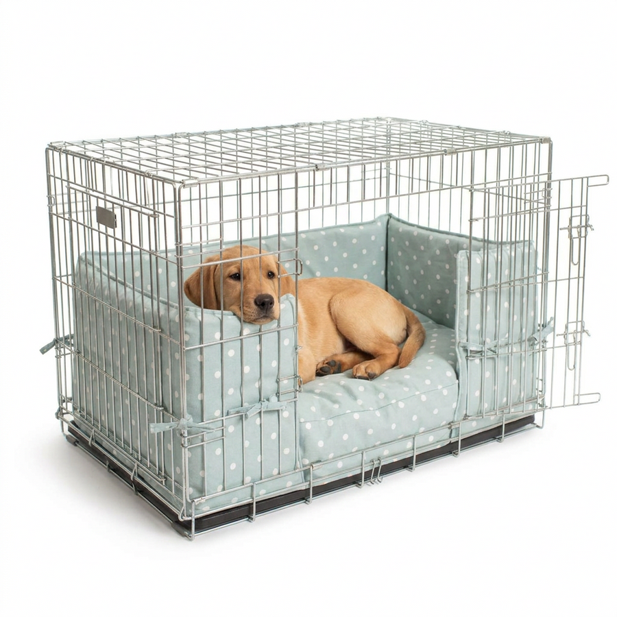 Dog Crate Bumper in Duck Egg Spot with dog