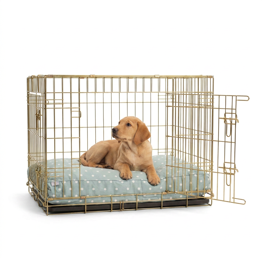 Dog Cushion in Duck Egg Spot with dog
