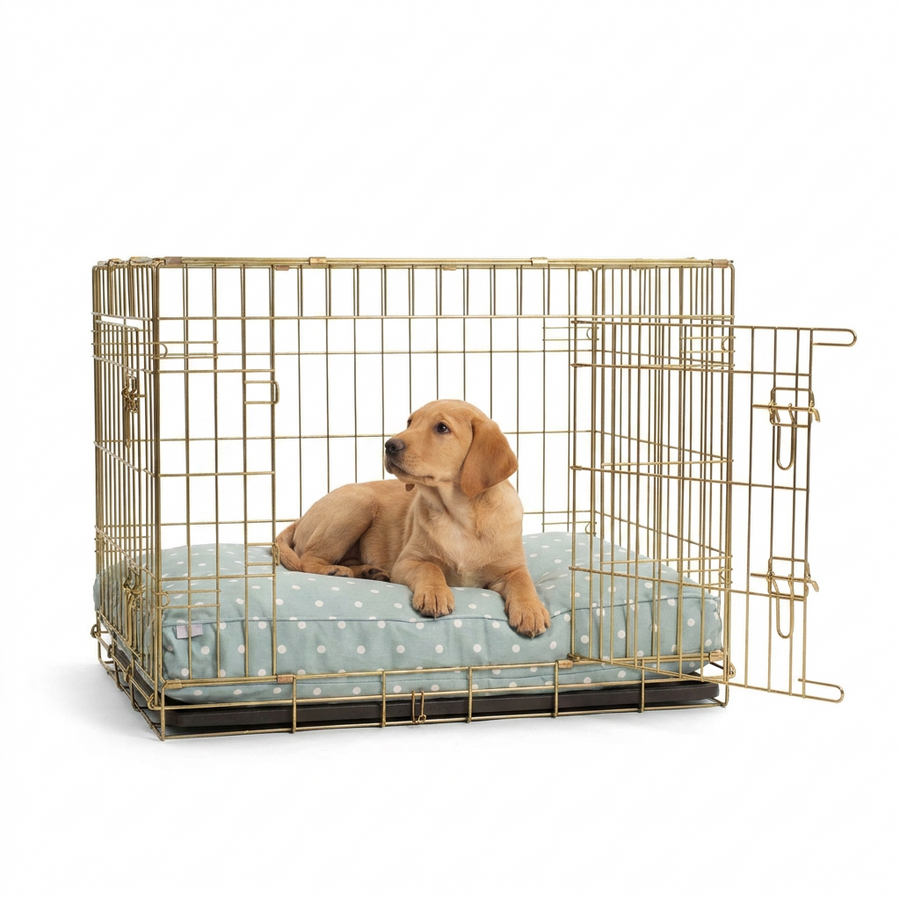 Dog Cushion in Duck Egg Spot with dog