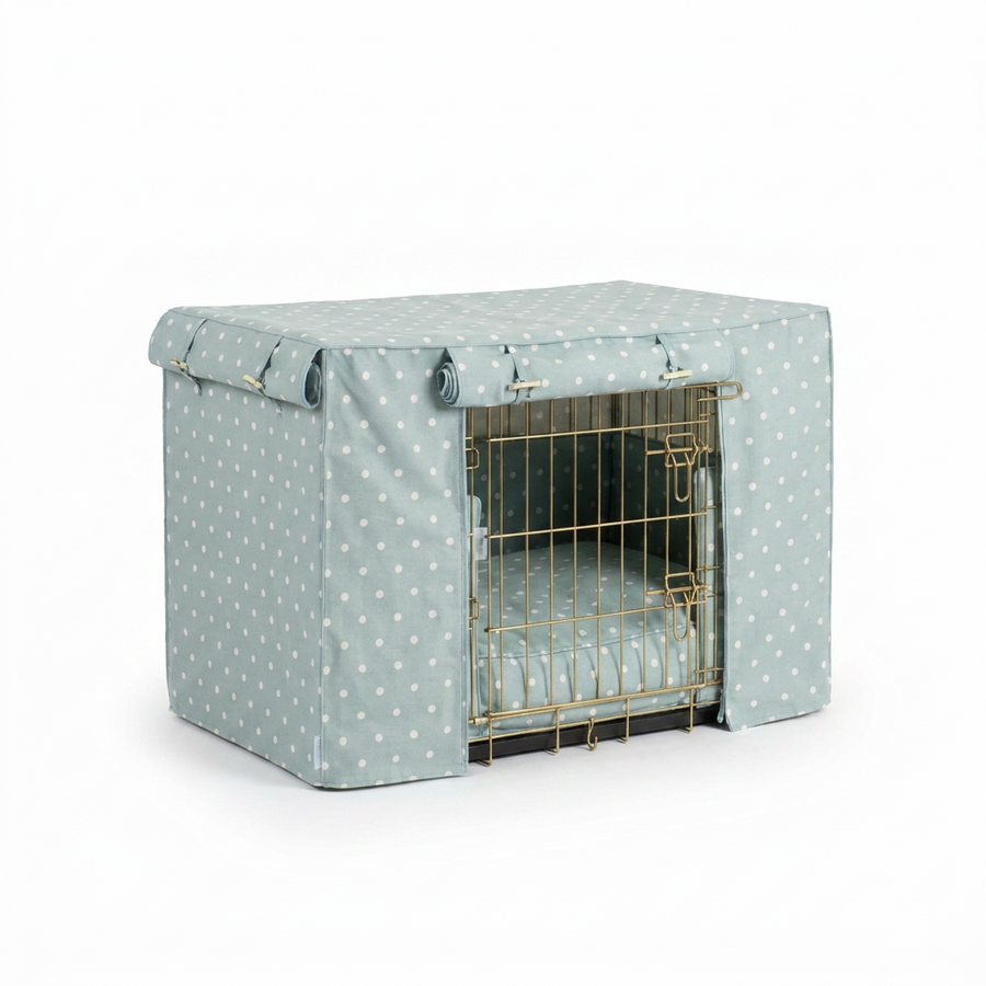 Dog Crate Set in Duck Egg Spot angled view