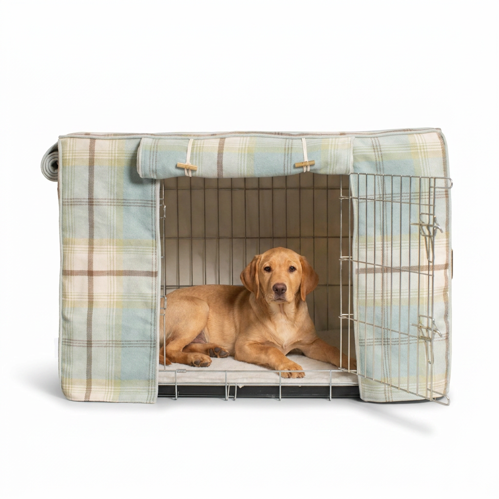 Dog Crate Cover in Balmoral Duck Egg Tweed with dog