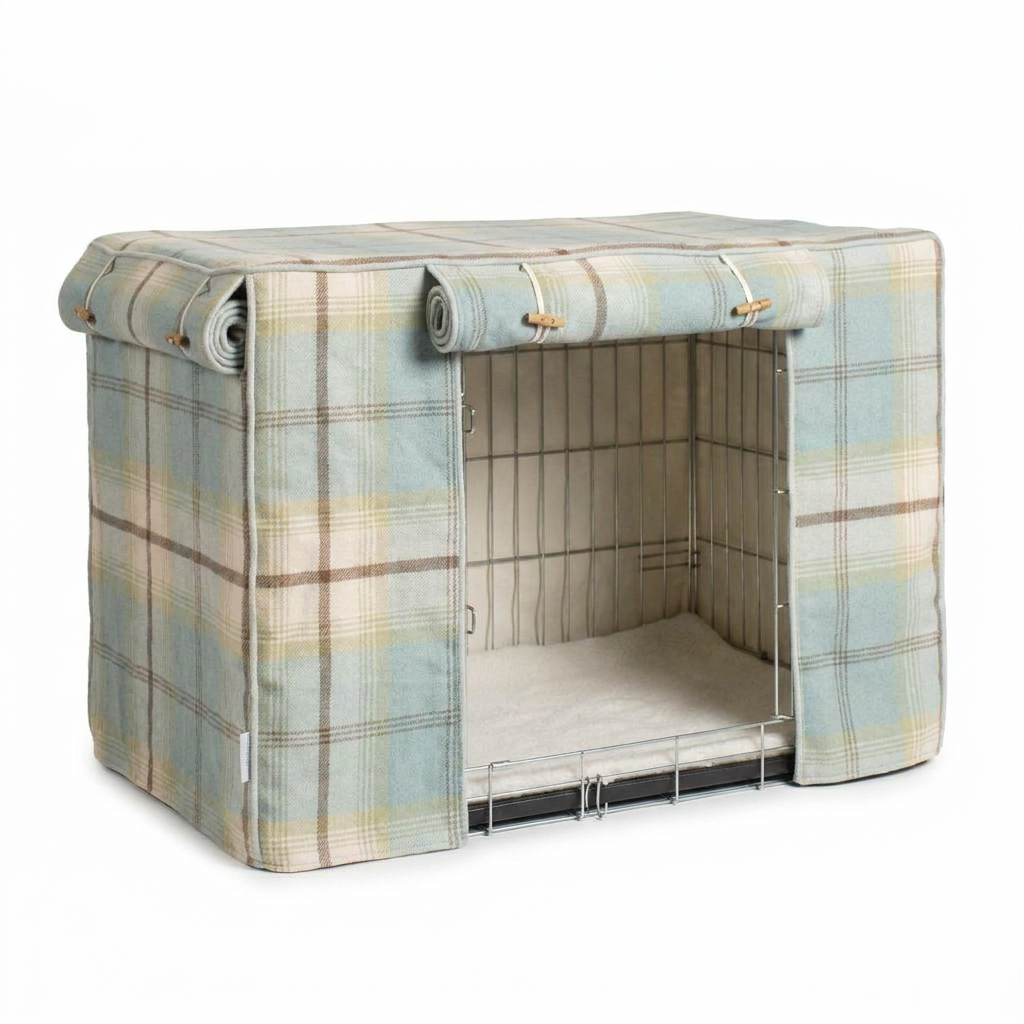 Dog Crate Cover in Balmoral Duck Egg Tweed front view