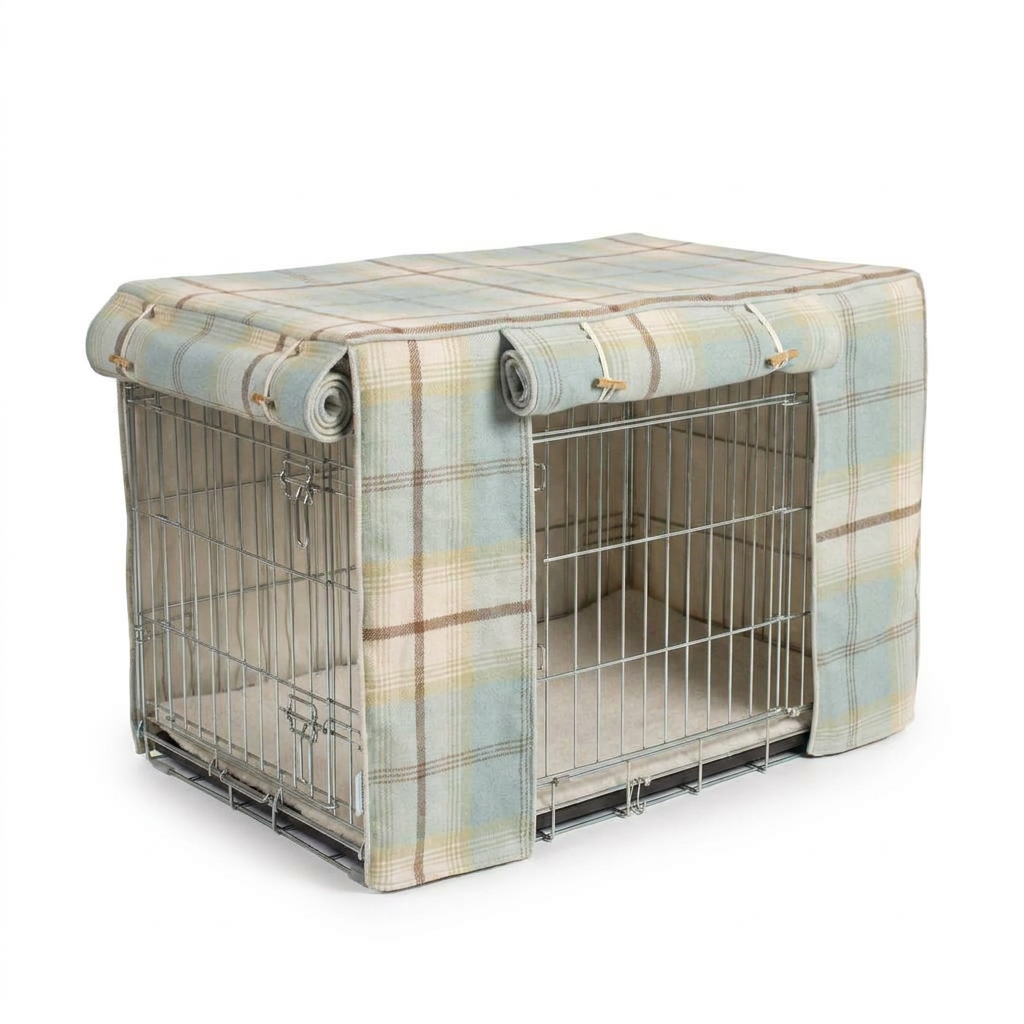Dog Crate Cover in Balmoral Duck Egg Tweed angled view