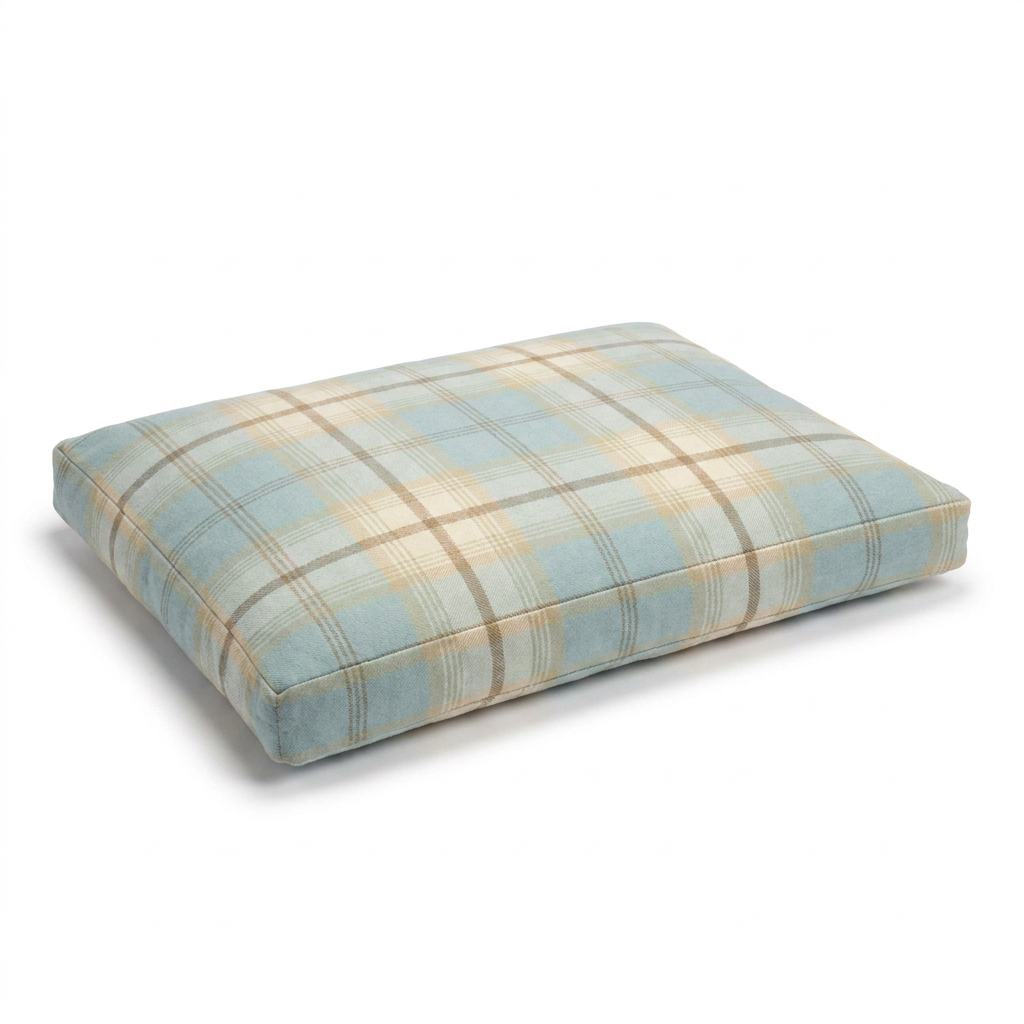 Dog Cushion in Balmoral Duck Egg Tweed angled view