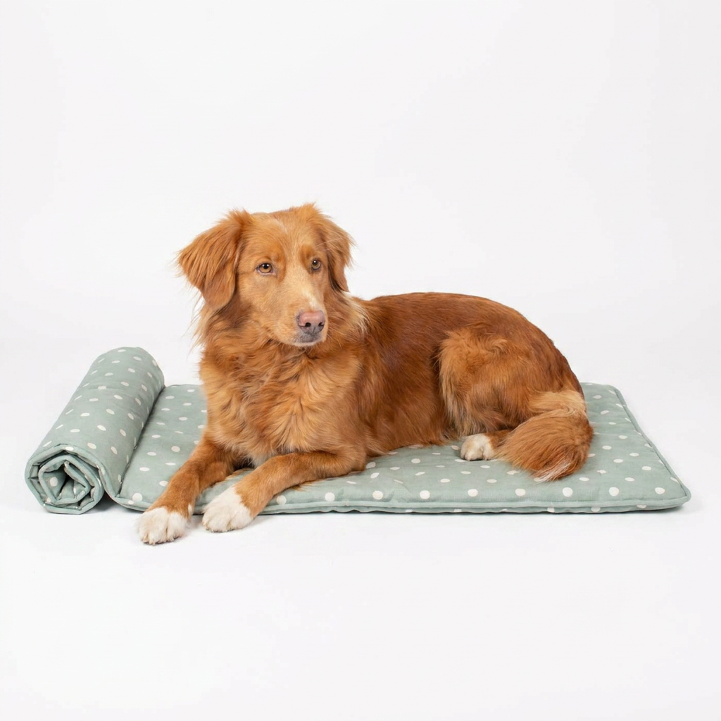 Travel Mat in Duck Egg Spot with dog