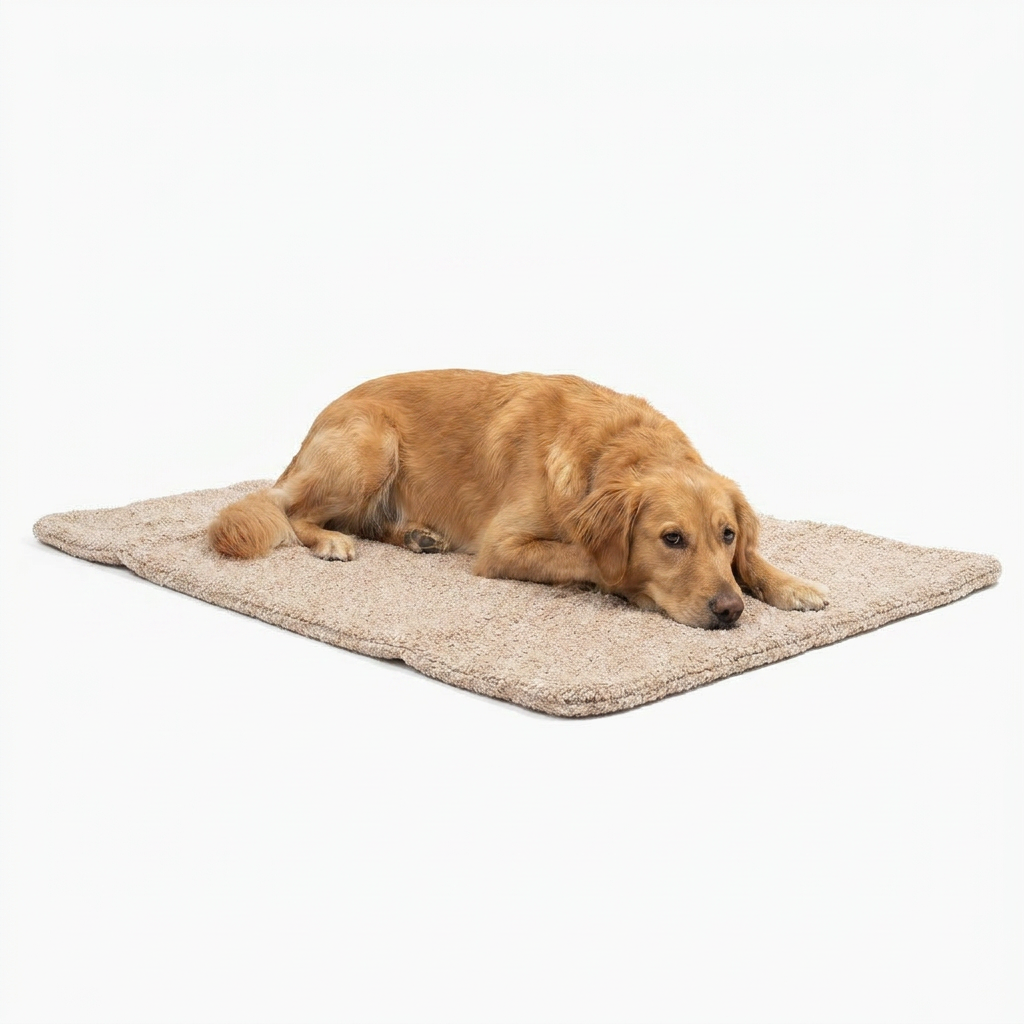 Travel Mat in Mink Bouclé with dog