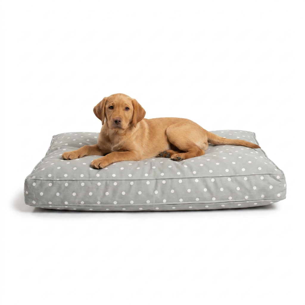 Dog Cushion in Grey Spot with dog