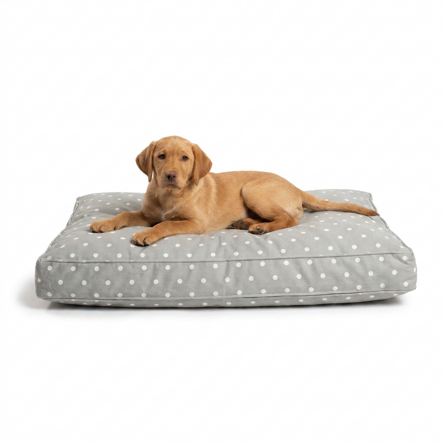 Dog Cushion in Grey Spot with dog