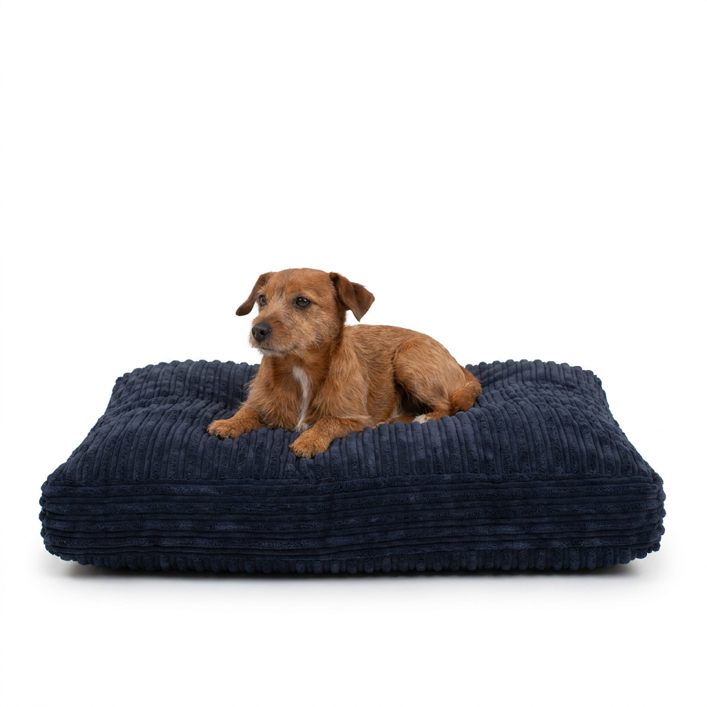 Dog Cushion in Navy Essentials Plush with dog