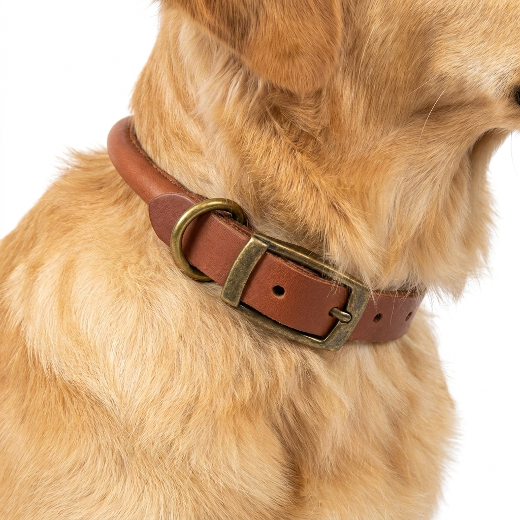 Round Leather Chestnut Collar with dog
