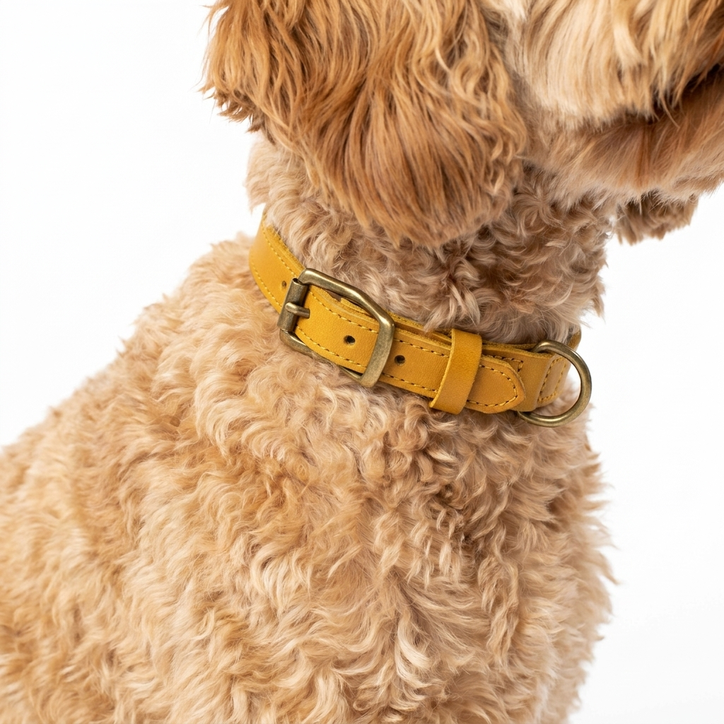 Timberwolf Leather Collar Mustard with dog