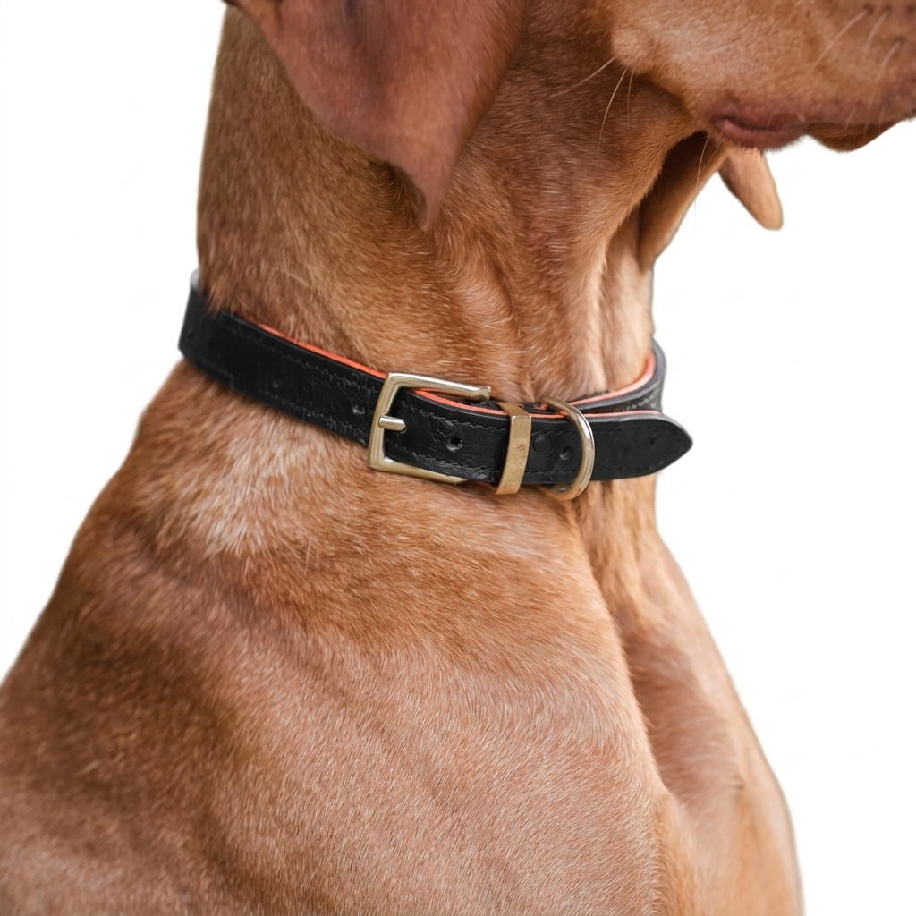 Ostrich Leather Collar Black with dog