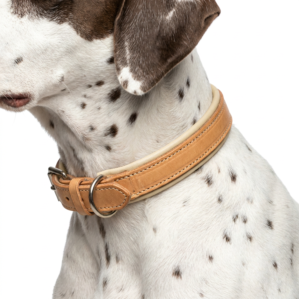 Italian Padded Leather Collar Tan Cream with dog