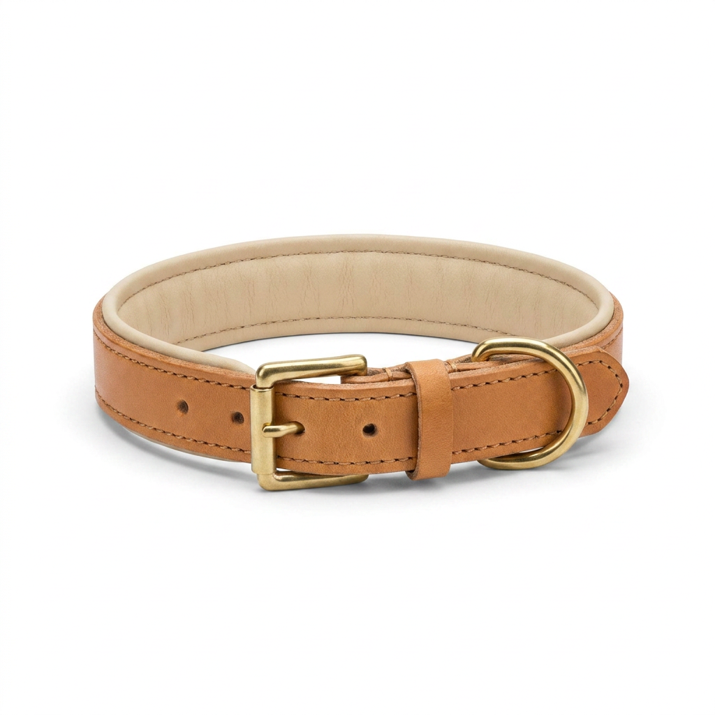 Italian Padded Leather Collar Tan Cream front view