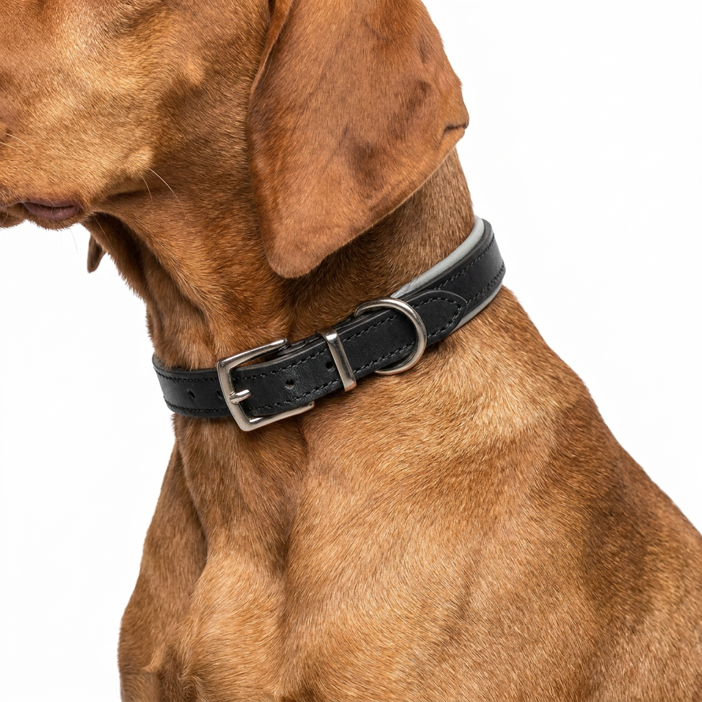 Italian Padded Leather Collar Black Grey with dog