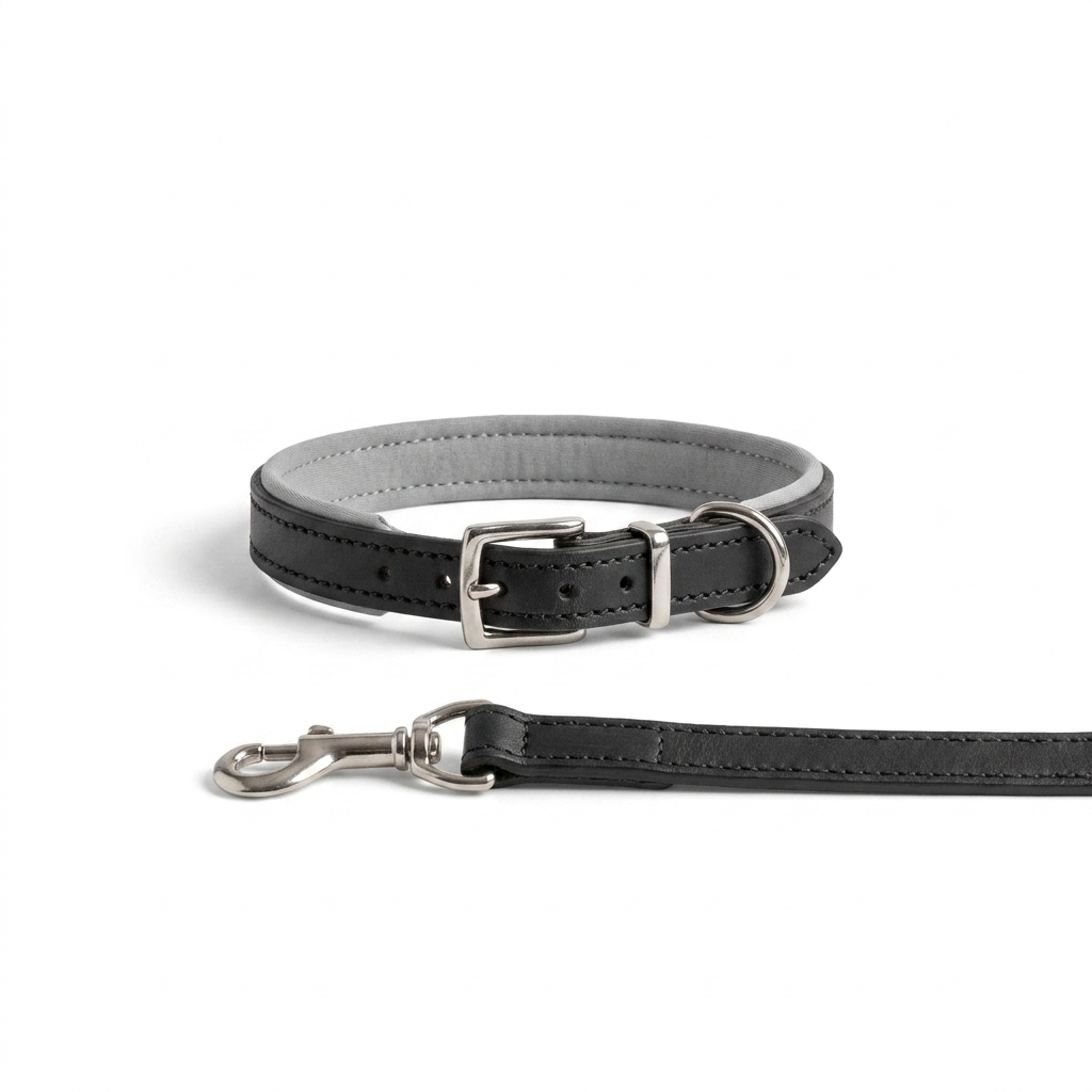Italian Padded Leather Collar Black Grey front view