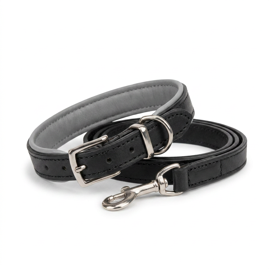 Italian Padded Leather Collar Black Grey angled view