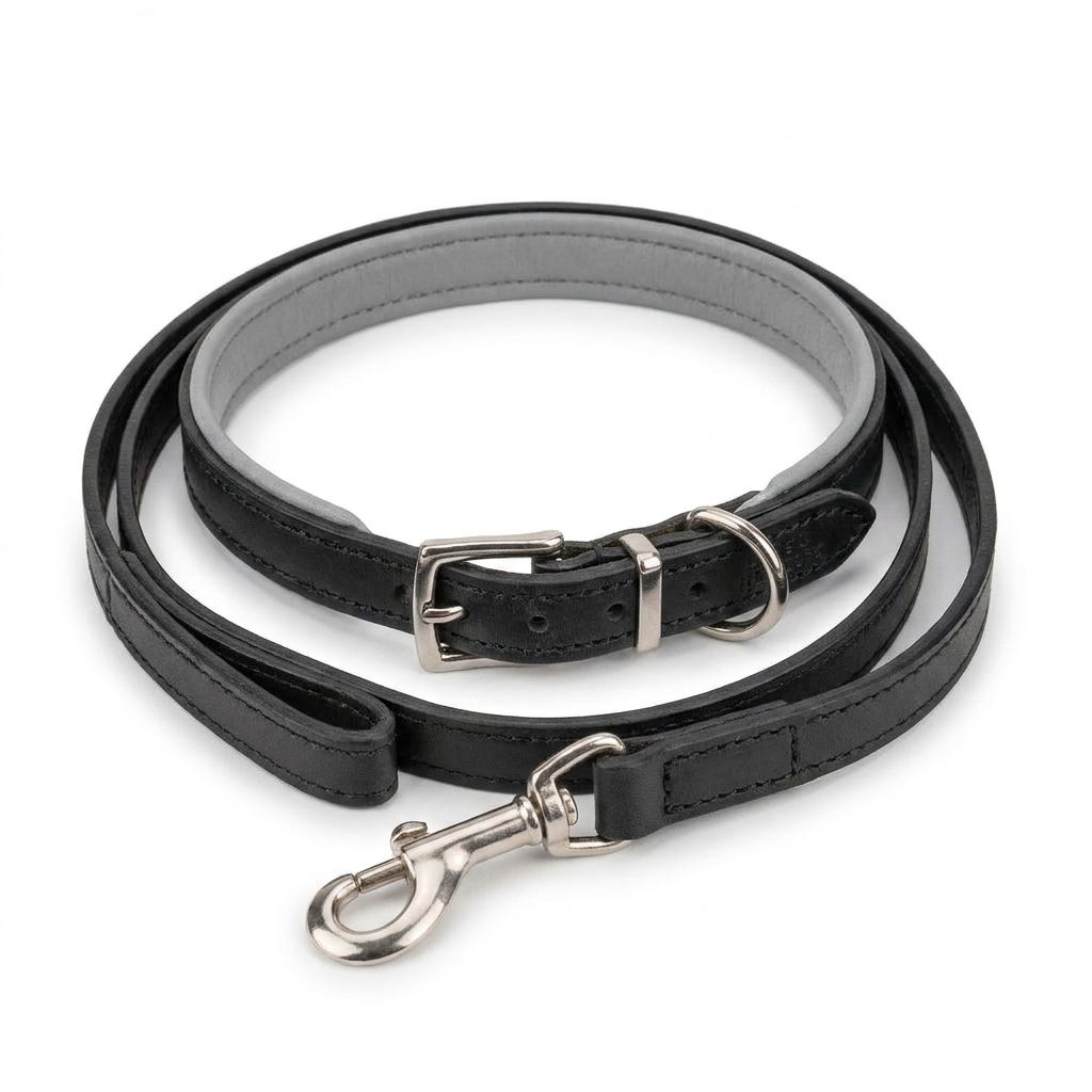 Italian Padded Leather Collar Black Grey top-down view