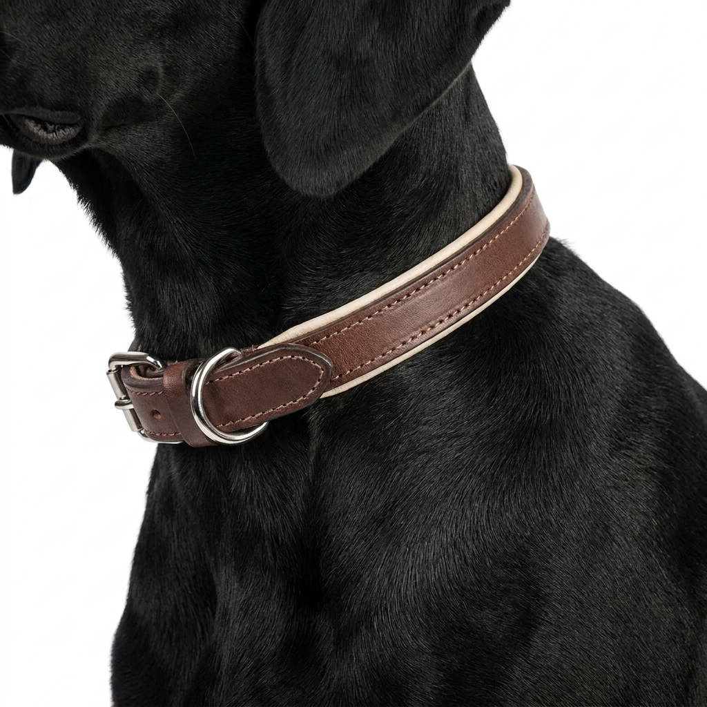 Italian Padded Leather Collar Brown Cream with dog