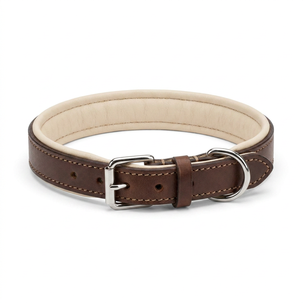 Italian Padded Leather Collar Brown Cream front view